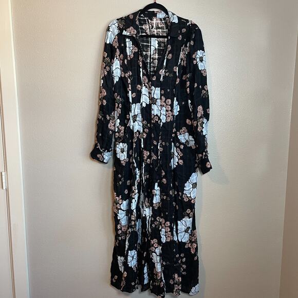 Free People Back At It Maxi Dress Size Medium Floral Boho Black Peasant $198 - Picture 1 of 10
